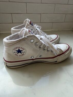 Converse White High Top Sneakers with Red and Blue Stripe